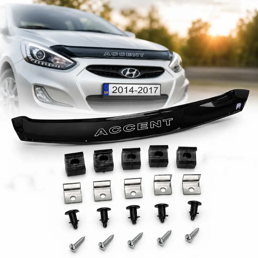 Дефлектор капоту мухобійка для Hyundai Accent Solaris 2014-2017 (Коротка) Voron Glass - фото 8