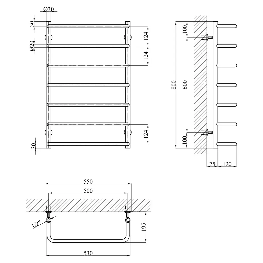 Сушарка для рушників водяна Kroner KRP Stil WT800x500-7 (CV036315) - фото 5