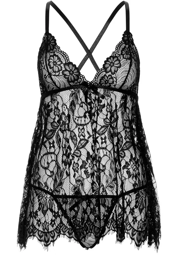 Сорочка бебі-дол Leg Avenue Floral lace babydoll & string Black M, стрінги - фото 3