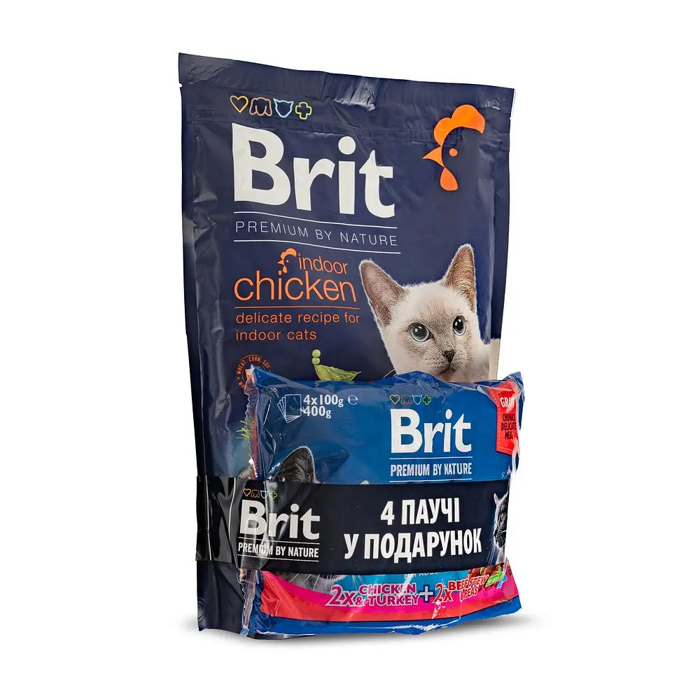 НАБІР Корм ​​сухий Brit Premium Indoor Chicken д/домашніх котів курка 1,5 кг + 4 паучі М'ясна тарілка - фото 2