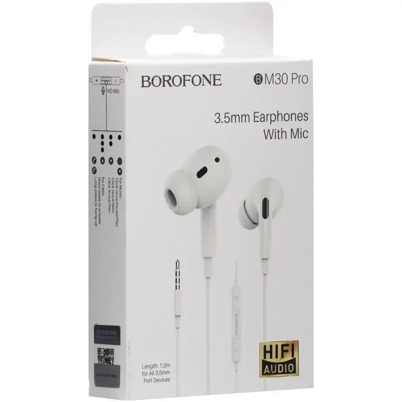 Дротові навушники Borofone 3.5 mm BM30 Pro вакуумні з мікрофоном 1.2 m White - фото 2