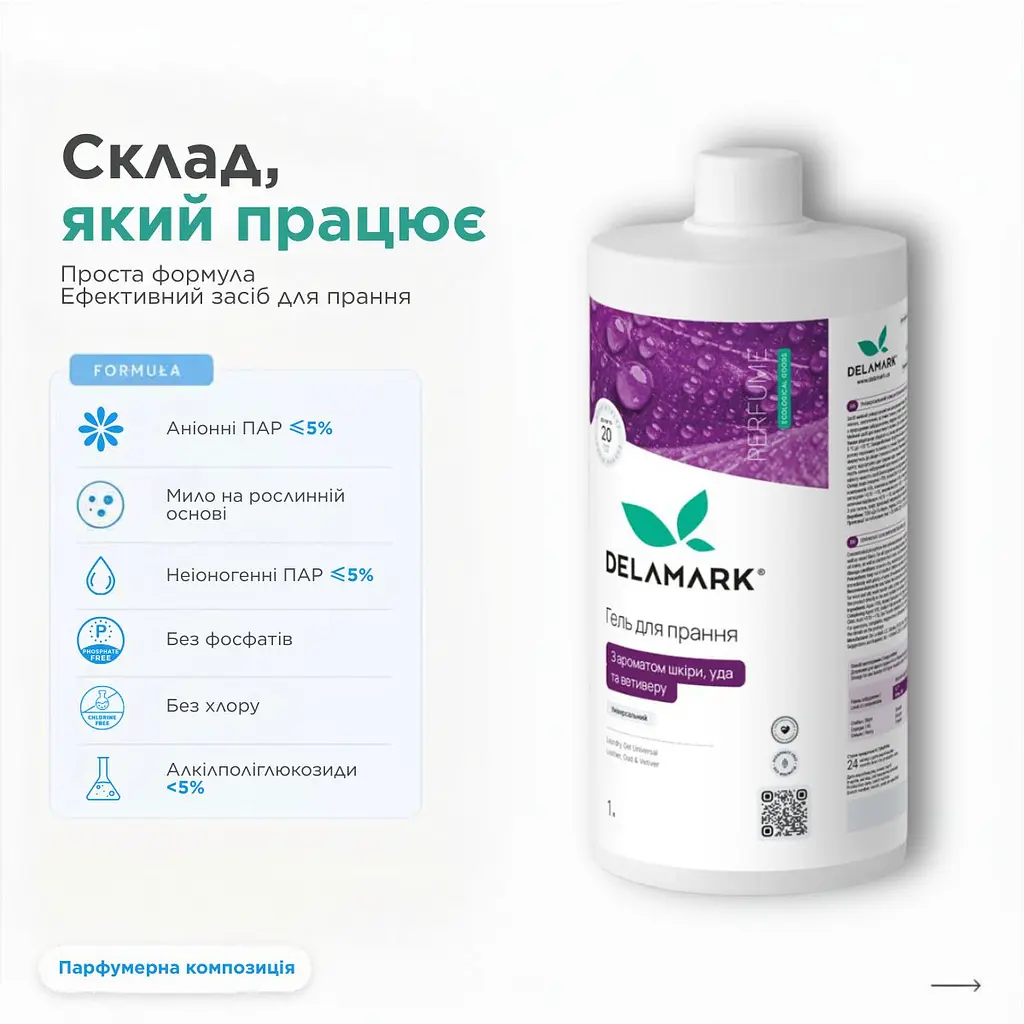 Гель для прання DeLaMark універсальний, з ароматом шкіри, уда та ветиверу 1 л (4820152333971) - фото 5