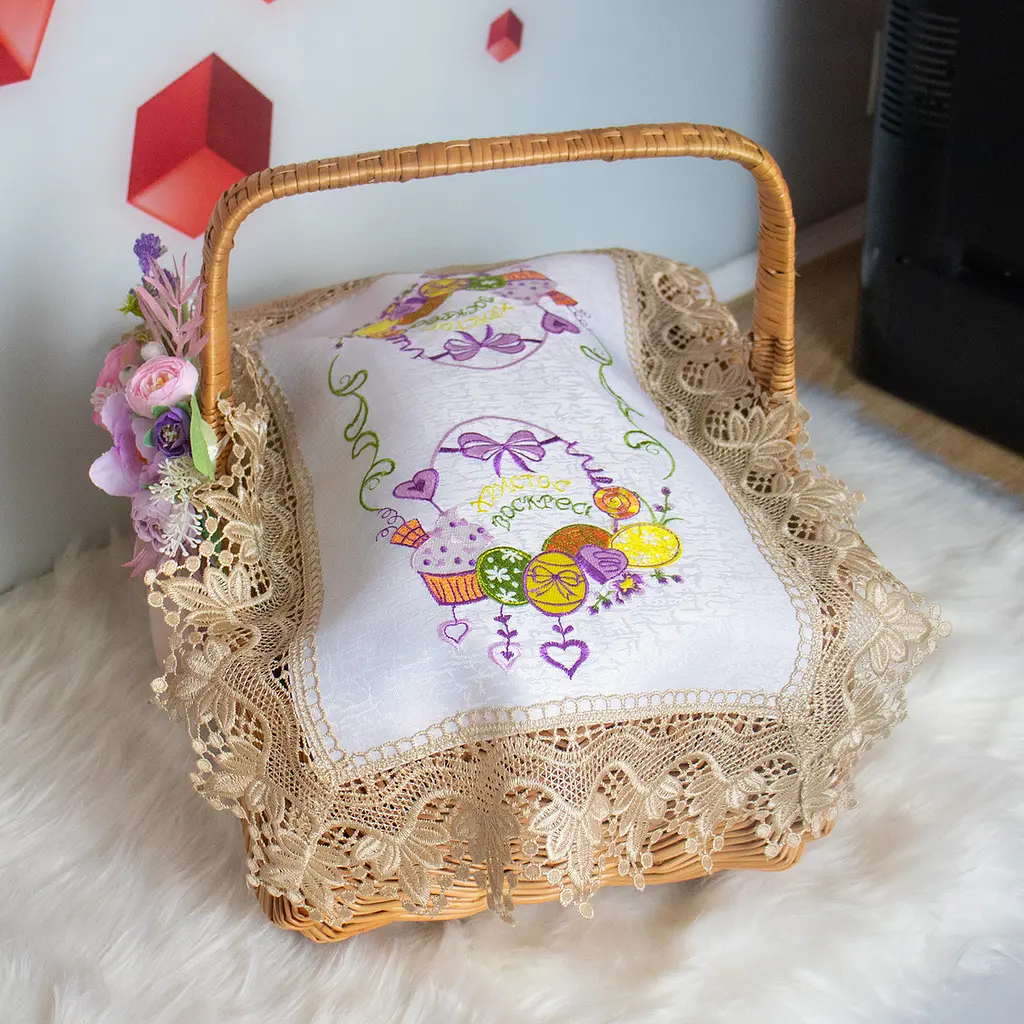 Вишита серветка на пасхальний кошик з ажурним мереживом 40х60 см №30/1, Kitchen Master Коричневий 86070 - фото 4