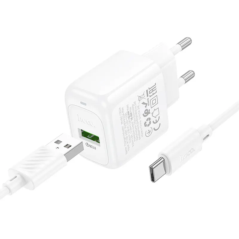 Мережевий зарядний пристрій з кабелем HOCO CS52A Surplus single-port QC3.0 charger set(Type-C) Білий - фото 3
