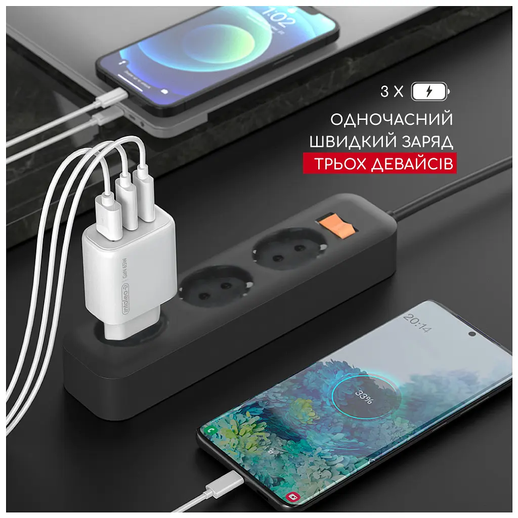Зарядний пристрій Intaleo 65 Вт GaN 2xUSB-C PD + USB-A QC 3.0 білий (1283126559525) - фото 6