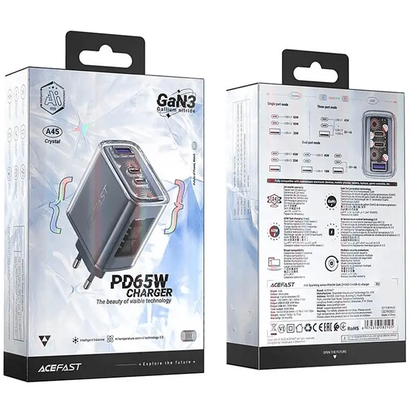 МЗП Acefast A45 Exploration series PD65W GaN (1USB-A/2C) Mica gray - фото 4