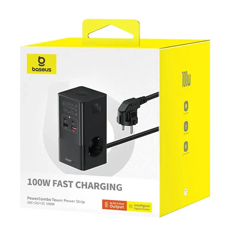 МЗП Baseus PowerCombo Tower PowerStrip 100W (2USB-A/2C/2Socket) (1.5m) (E00023609113-00) Cluster Black - фото 5