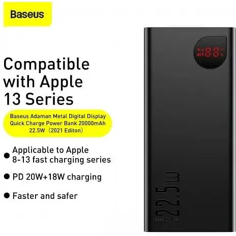 Умб Baseus Adaman Metal Digital Display 20000mAh 2USB/Type-C/Lightning, 22.5W/5A, PD/QC (PPAD000101) - фото 3