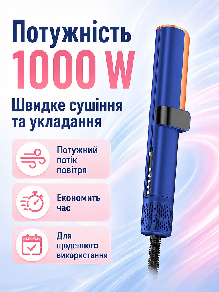 Фен-стайлер синій 1000 W з LED-дисплеєм для вологого та сухого волосся (49675935), Синій - фото 3