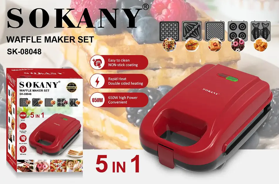 Мультипекар 5в1 вафельниця мультимейкер Sokany SK-08048 форми для великих вафель, пончиків, печива 650 Вт Червоний - фото 8