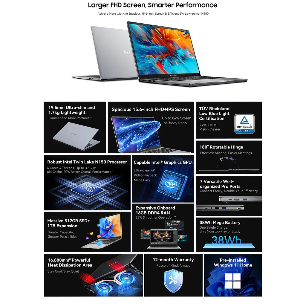 Ноутбук Blackview Acebook 6,16GB DDR4 512GB, N150 36GHz / UHD, Win11 Home, 38Wh, +, HDMI 2.0, Bluetooth 5.0, USB 3.0 - фото 10