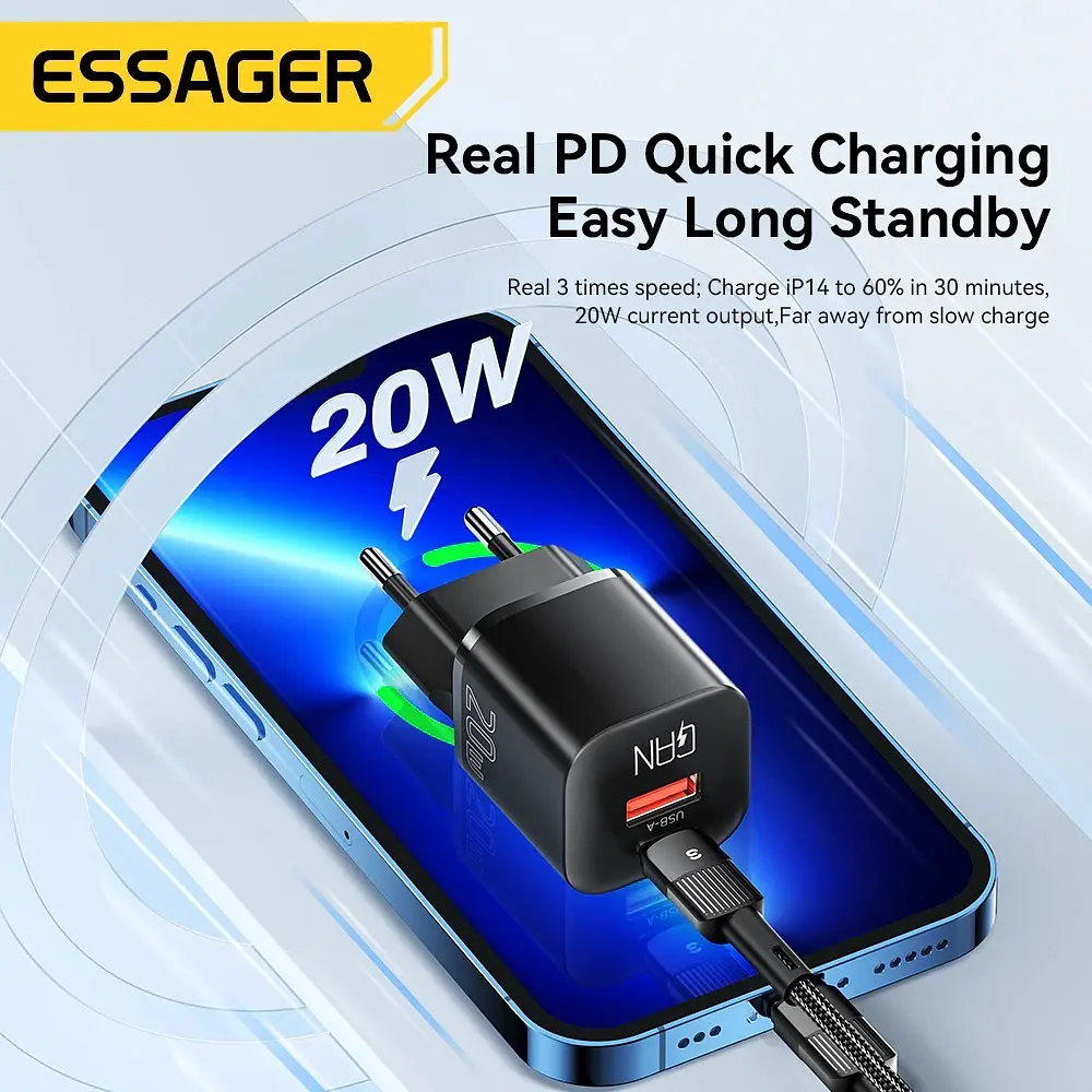Мережевий зарядний пристрій Essager Camber 20W USB A + Type C Чорний (ECTAC-HMB01-P) - фото 4