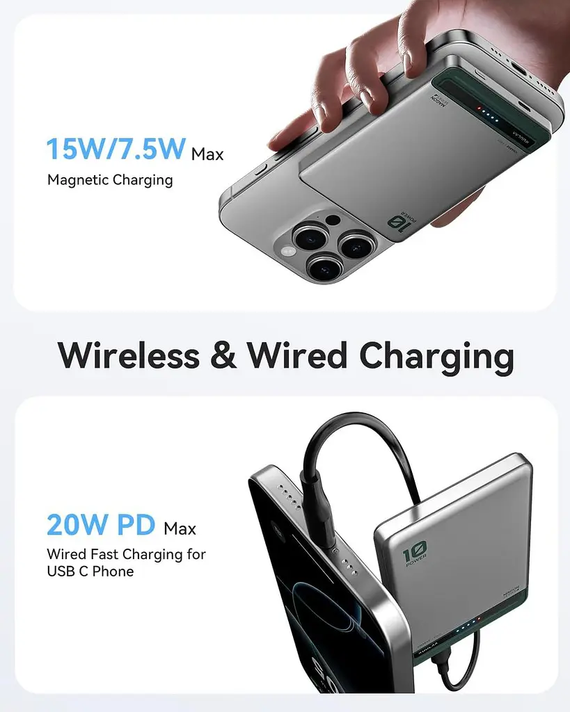 Kuulaa MagSafe павербанк 10000mAh Slim, магнітний, бездротова зарядка 7.5W, PD 20W USB-C In/Out, срібний - фото 7
