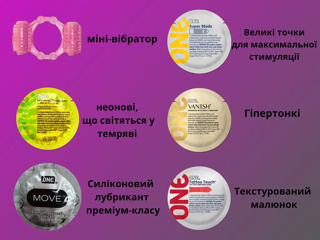 Набір One Intense Arousal Pleasure Kit: Презервативи 6 шт. + Лубрикант 6 шт. + Вібро кільце 1 шт. (ROZ6501053344) - фото 4