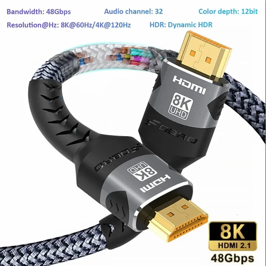 Кабель 8K HDMI 2.1, 1 метр, Ultra High Speed 8K (48 Гбіт/с), в нейлоновому обплетенні, сірий - фото 9