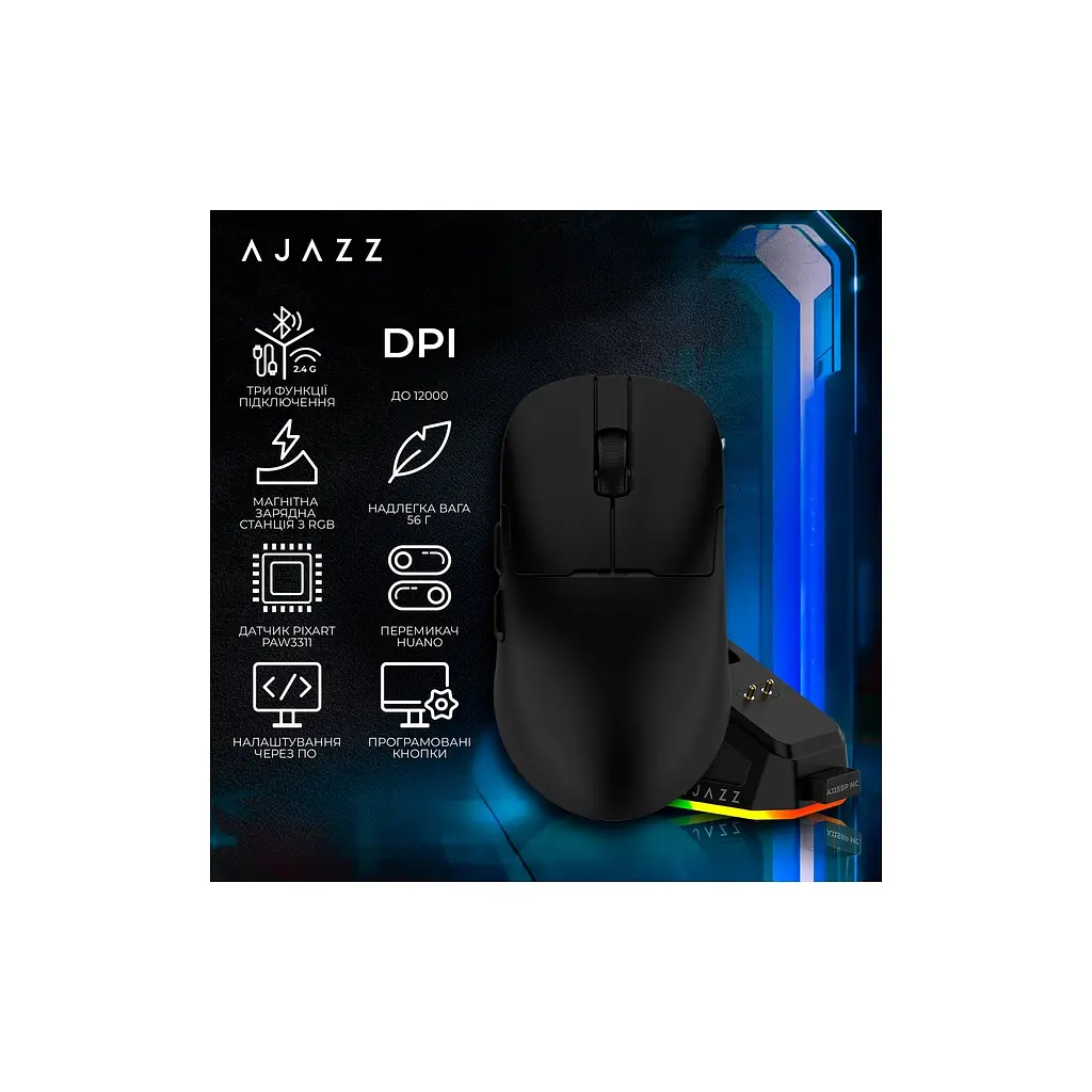 Мишка Ajazz AJ159P MC Wireless/Bluetooth/USB Charging Dock Black (AJ159P-MC-B) - фото 6