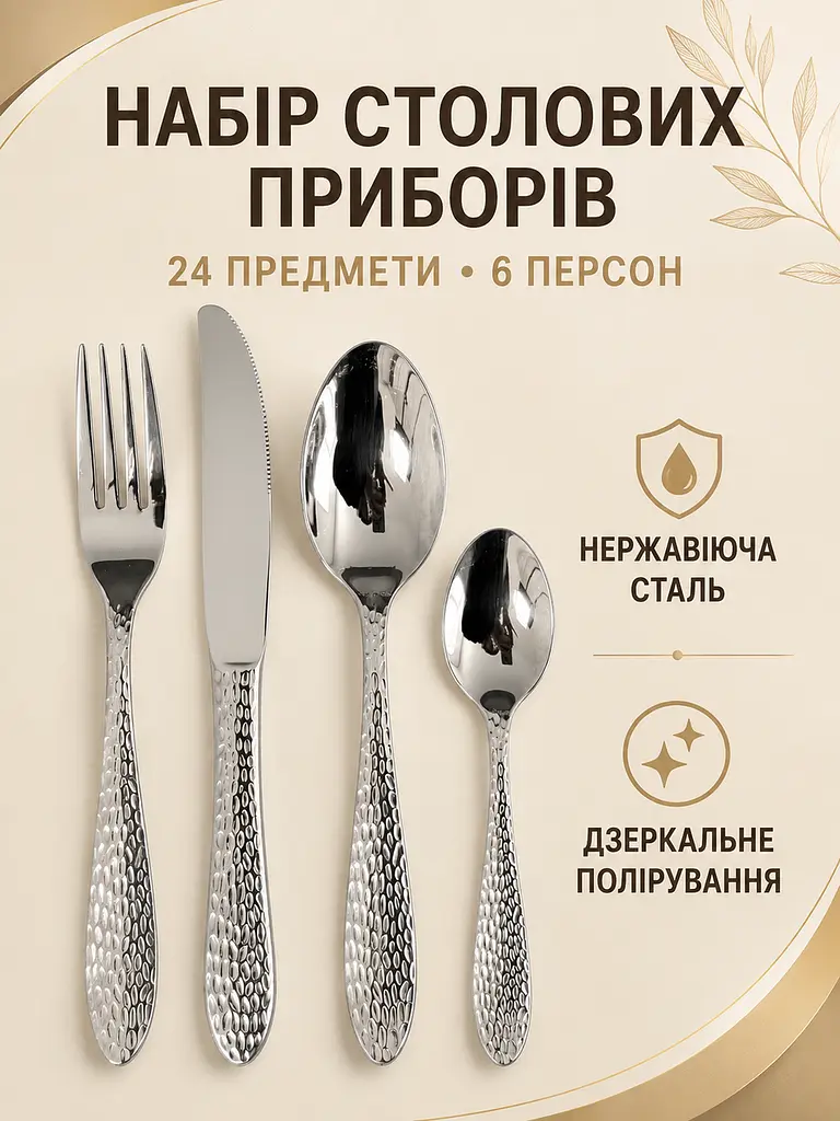 Набір столових приборів 24 предмети на 6 персон із нержавіючої сталі, ложки виделки ножі (49676238) - фото 2