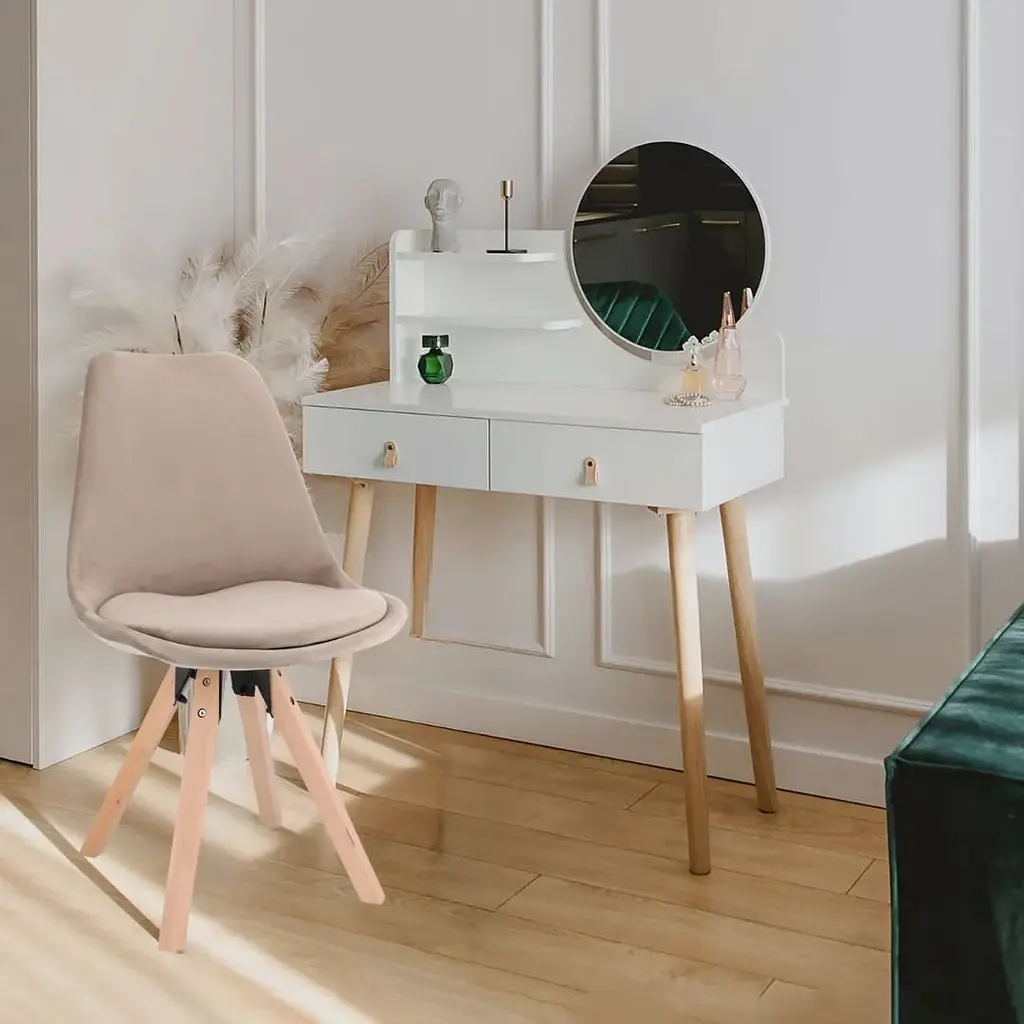 Туалетный столик Jumi Scandi с зеркалом (кожаные ручки) белый + стул Saida бежевый - фото 4