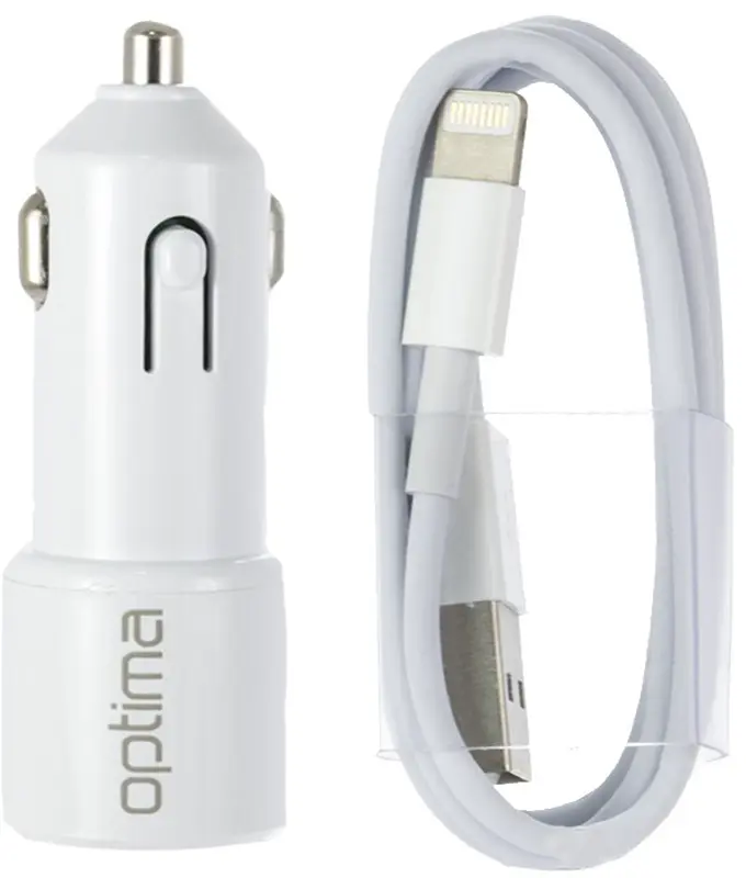 Автомобільний зарядний пристрій 2USB Optima (2.1A) + cable iPhone 5 White (45089) - фото 2