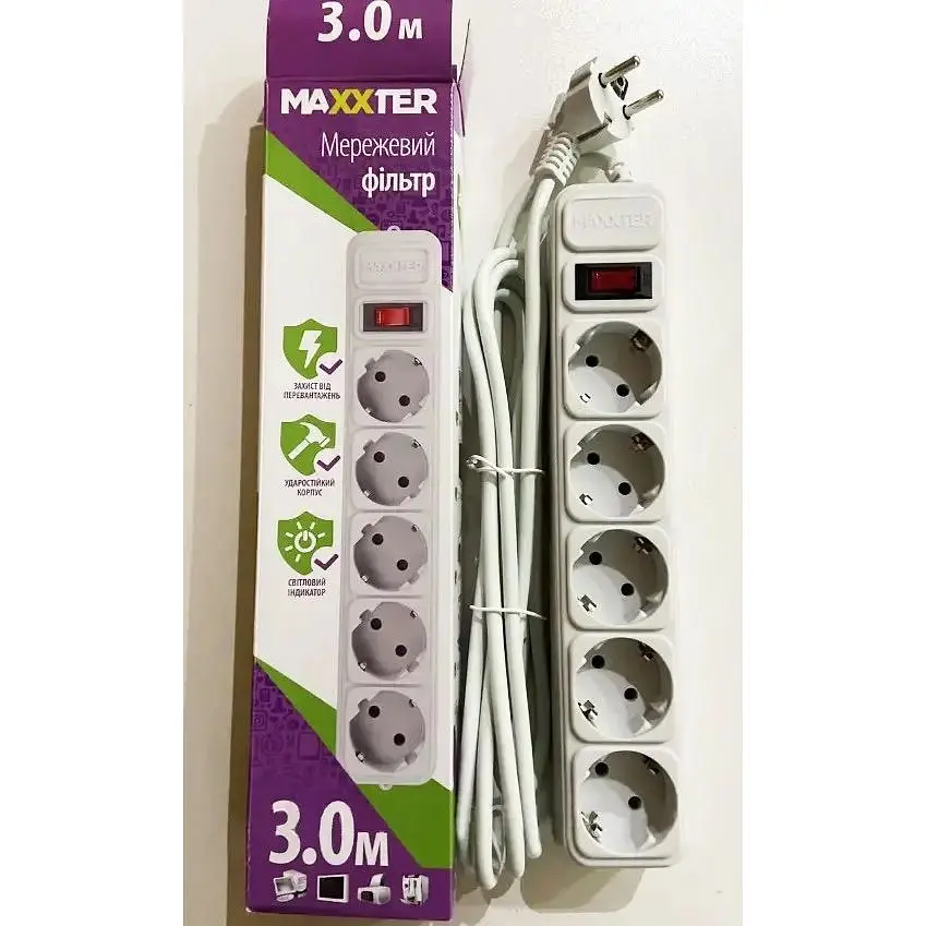 Мережевий фільтр Maxxter SPM5-G-10G подовжувач 5 розеток 3 м білий - фото 3