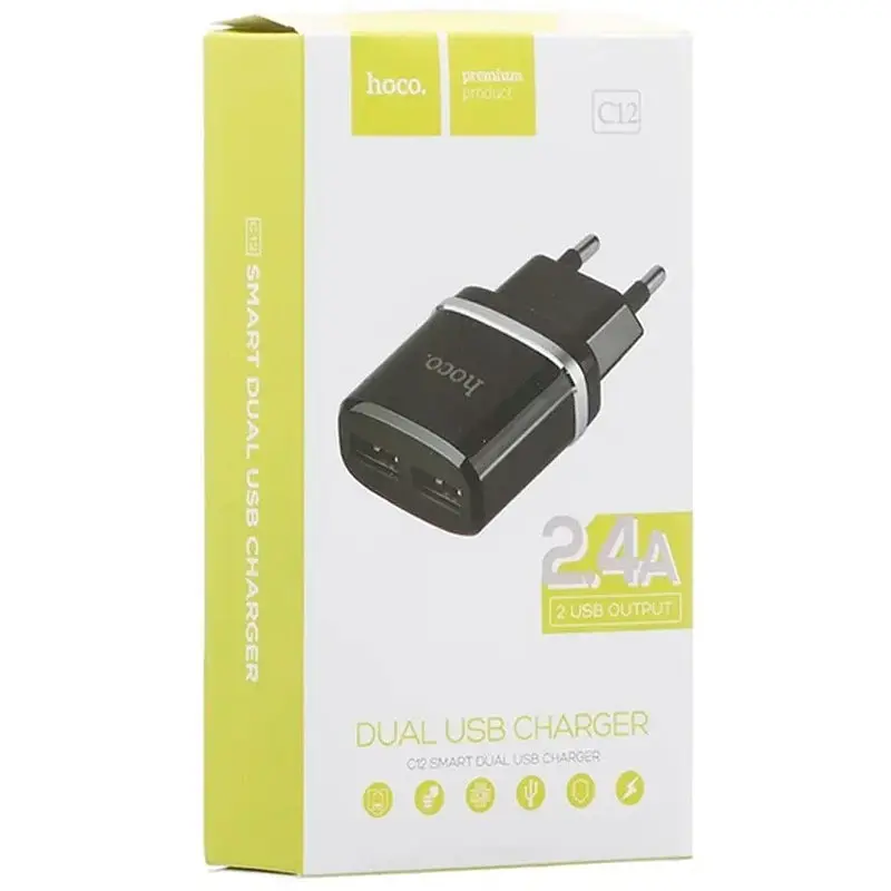 Мережевий зарядний пристрій Hoco C12 2 USB + USB Cable Type-C 2.4 A Black - фото 2