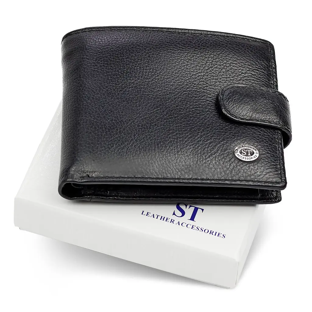 Шкіряне чоловіче портмоне на кнопці ST Leather ST-104-1 чорне 9,5 см - фото 3