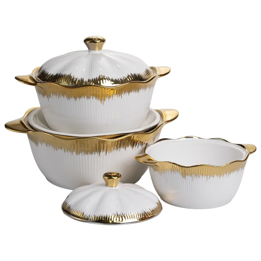 Набор фарфоровых супниц 3 (шт) 0.8/1.8/2.5 (л) с крышкой и ручками для дома и ресторана Золотистый Yiwu XYL216-4A - фото 5
