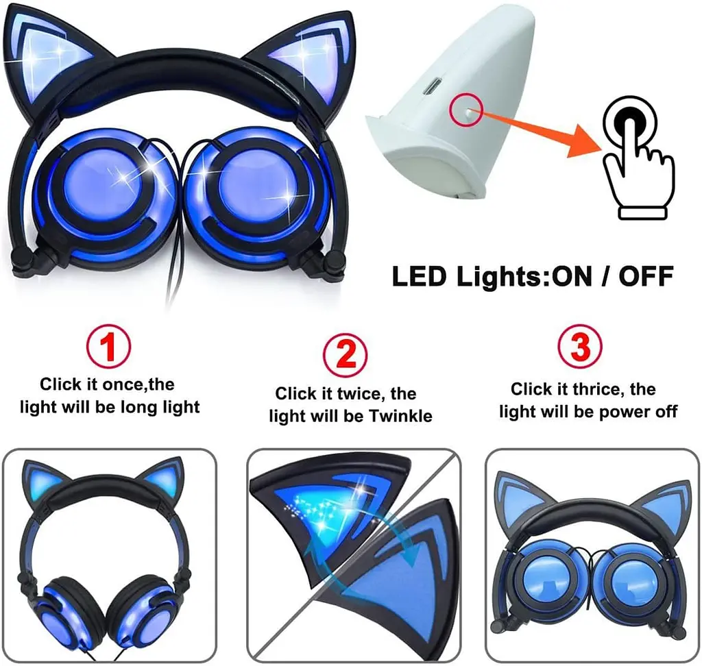 Наушники UFT BL108 Blue с кошачьими ушками и подсветкой - фото 3
