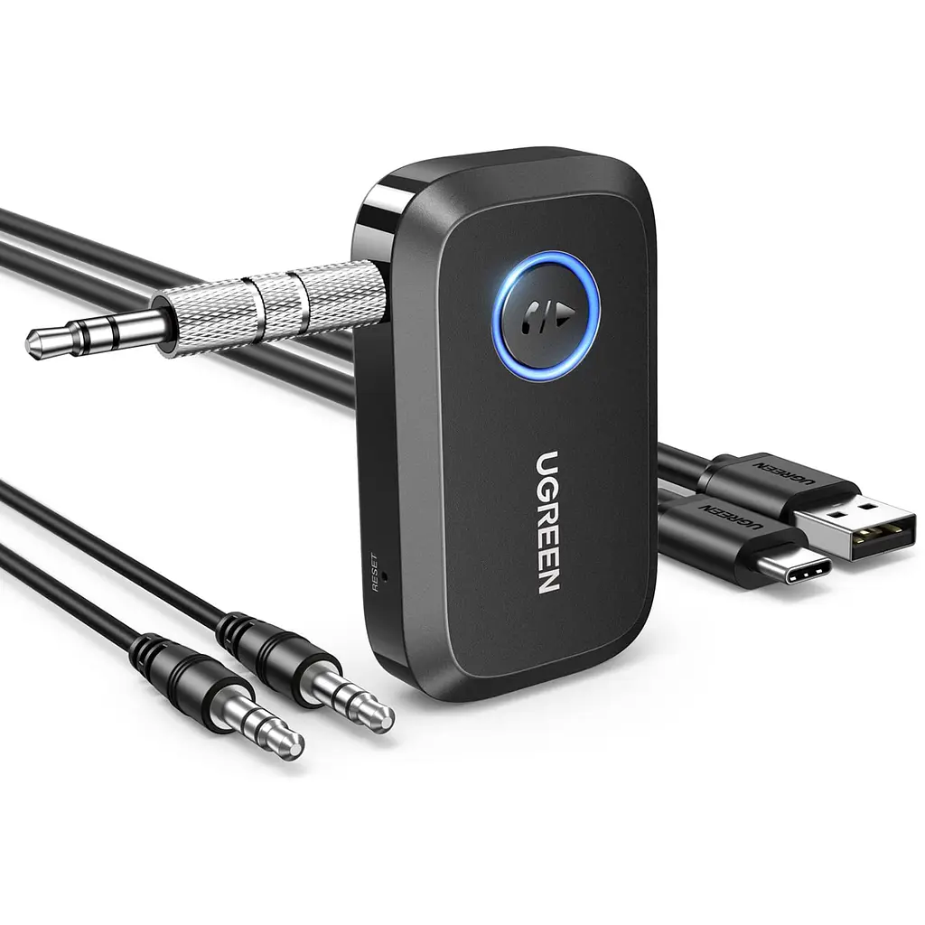 Bluetooth 5.4 аудіоприймач UGREEN CM596 AUX-адаптер вихідний штекер 3,5 мм AUX одночасне підключення двох пристроїв вбудований мікрофон для дзвінків без рук кнопки регулювання гучності DSP для зниження шуму під час дзвінків заряджання через USB-C до 15 год роботи чорний (90748)