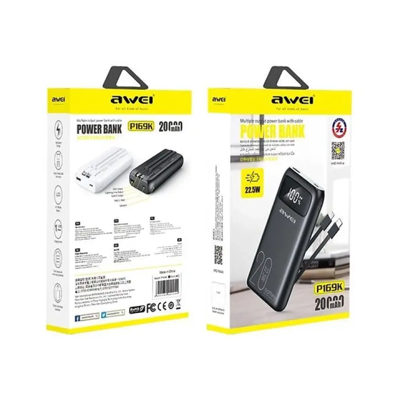 Дополнительная батарея – портативный аккумулятор Awei P169K 20000 mAh 22 W с 2 кабелями - фото 8