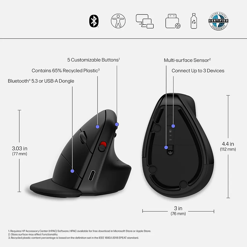 Компьютерная мышь HP 920 Ergonomic Vertical WL/BT черный teh0014074 - фото 2