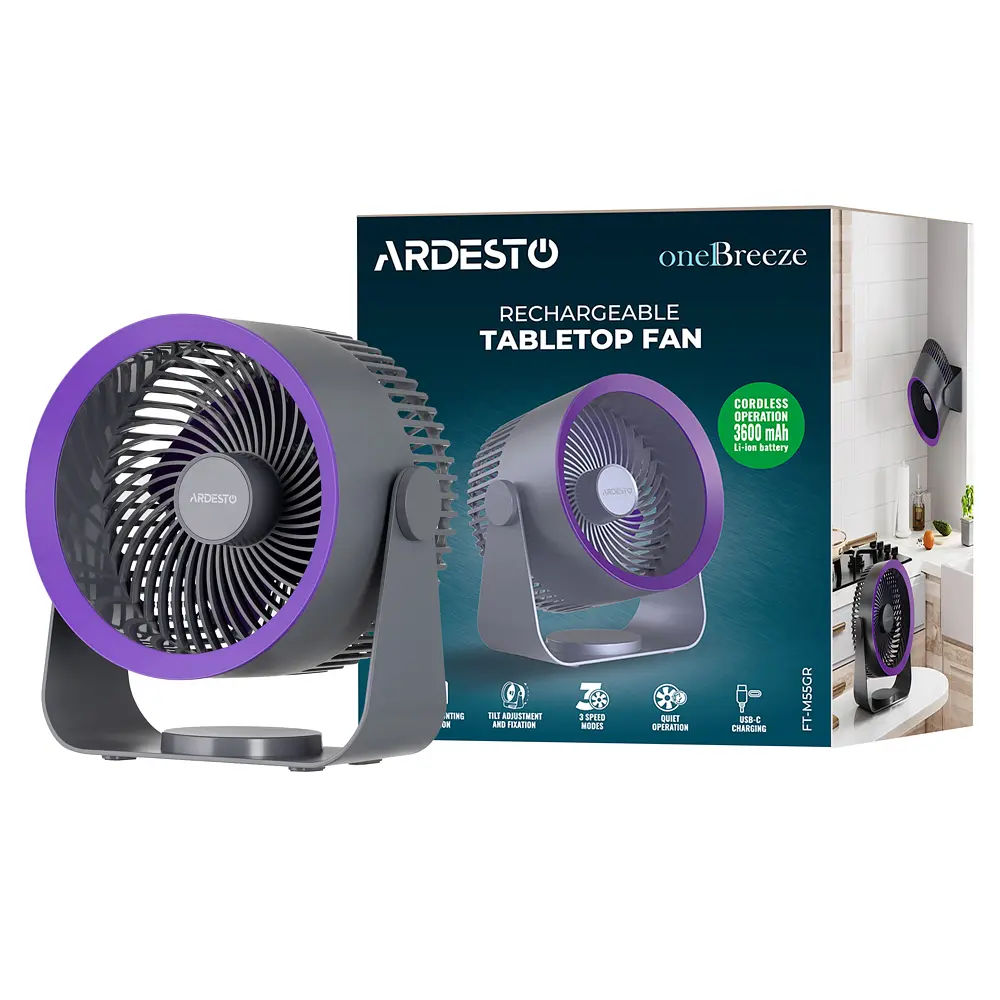 Вентилятор Ardesto OneBreeze FT-M55GR настільний/настінний, 14 см, акумулятор, сірий