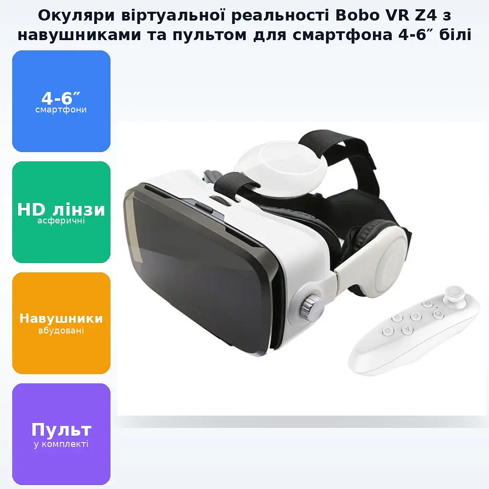 3D окуляри віртуальної реальності для смартфона з навушниками і пультом BOBO VR Z4 білий - фото 2