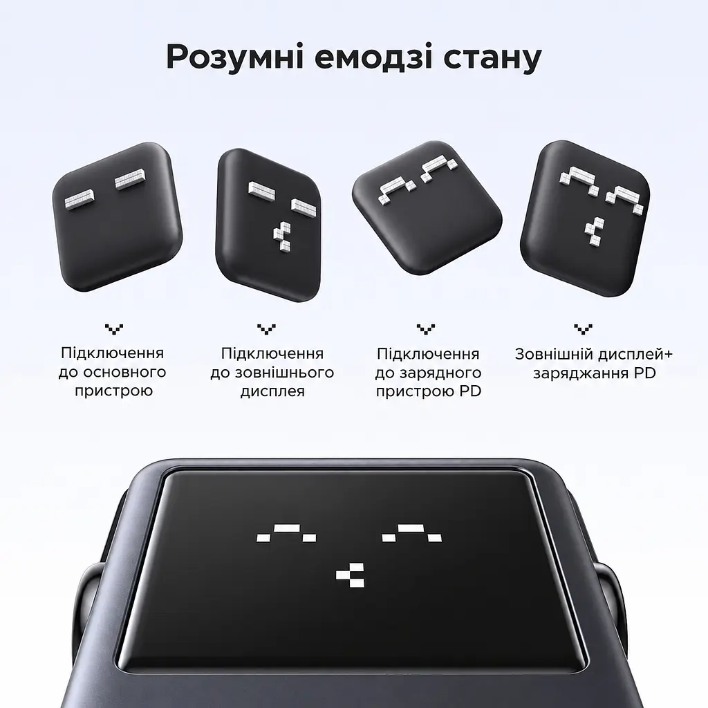 USB-C хаб UGREEN Uno CM888 концентратор 6-в-1 2 USB-A та 2 USB-C для даних USB 3.2 до 10 Гбіт/с відеовихід HDMI 4K 60 Гц для HDMI потрібен відеовихід USB-C на джерелі з підтримкою заявленого режиму наскрізне заряджання з входом PD до 100 Вт індикація стану емодзі без встановлення драйверів для macOS Windows Linux темно-сірий із чорними елементами (35998) - фото 4
