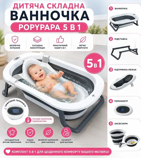 Набір для купання дитини 5 в 1 X-652 біло-сірий - дитяча складана ванночка з термометром та анатомічною лежанкою X-652 - фото 4