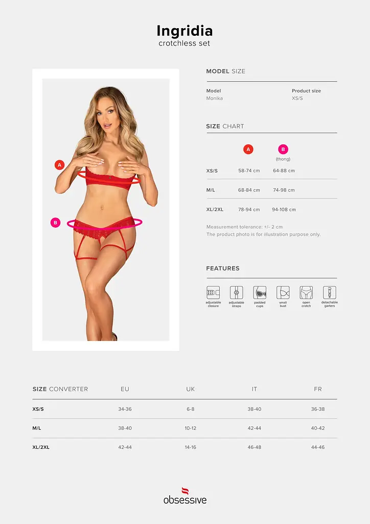 Комплект Obsessive Ingridia 2-pcs crotchless set XL/2XL, червоний, з доступом, відкриті груди - фото 5