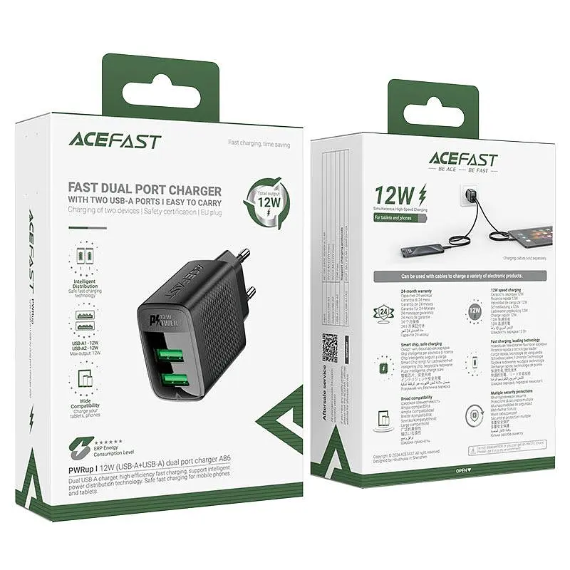 Мережевий зарядний пристрій ACEFAST A86 12W (USB-A+USB-A) dual port charger чорний - фото 2