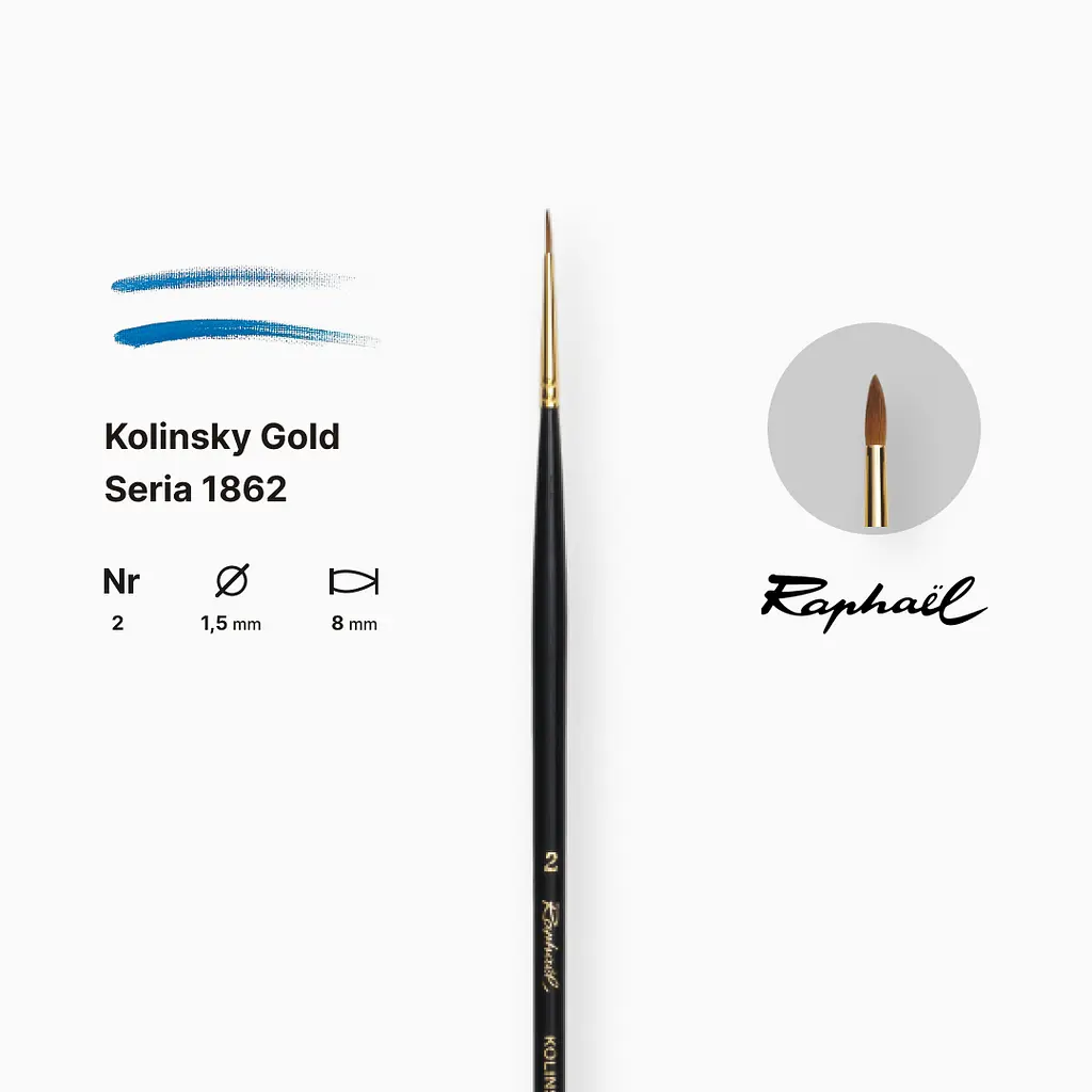 Пензель колонок крулгий Raphael Kolinsky Gold, №2, професійний, довга ручка - фото 2