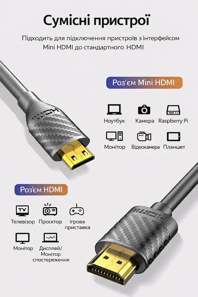 Кабель HDMI - miniHDMI 2 метра ULEN 4K двонаправлений швидкісний 18 Gbps шнур перехідник - фото 3