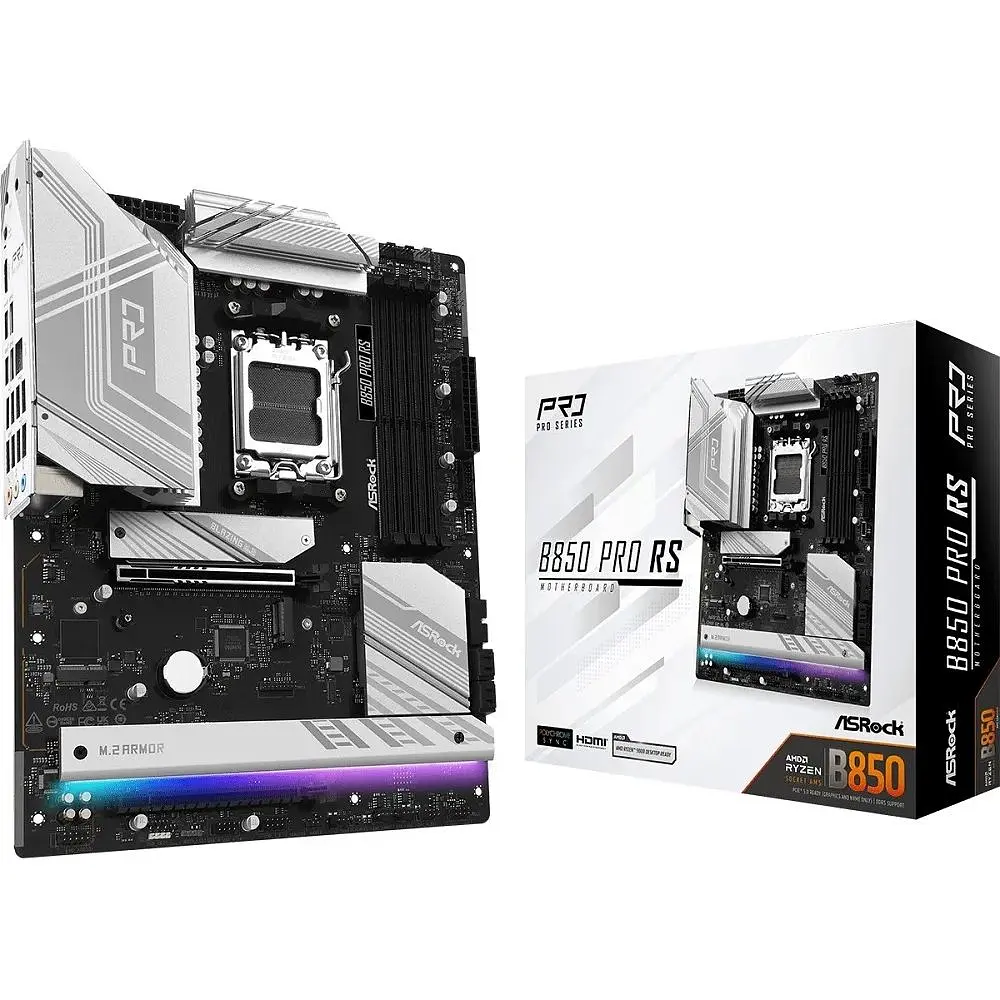 Материнская плата ASRock AM5 B850M Pro RS, B850, 4xDDR5, Int.Video (CPU), 4xSATA3, 3xM.2, 1xPCI-E 5.0 x16, 1xPCI-E 4.0 x4, 1xM.2 (Key E), ALC897, RTL8125BG, 9xUSB 3.2 / 8xUSB 2.0, HDMI/DP, MicroATX - фото 2