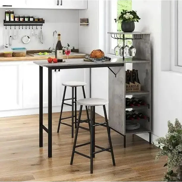 Барный стол со стульями Costway Bistro с держателем винных бокалов серый - фото 2