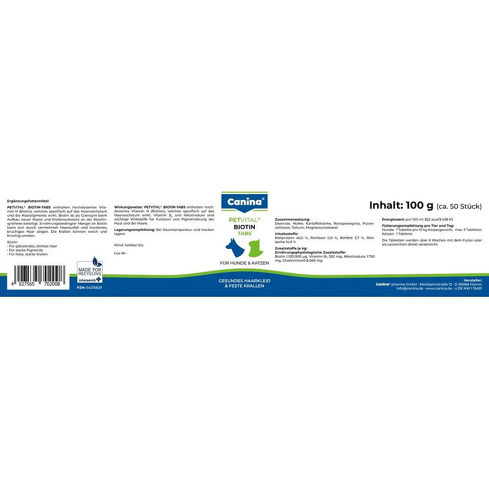 Вітаміни Canina Petvital Biotin-Tabs для вибагливих собак і котів, 100 г (50 табл) - фото 5