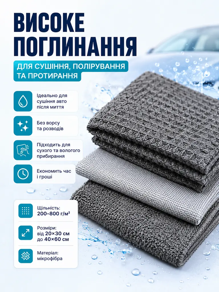 Універсальний набір для миття та догляду за авто 9в1: рушники,серветки з мікрофібри для автомобіля (26276271) - фото 3