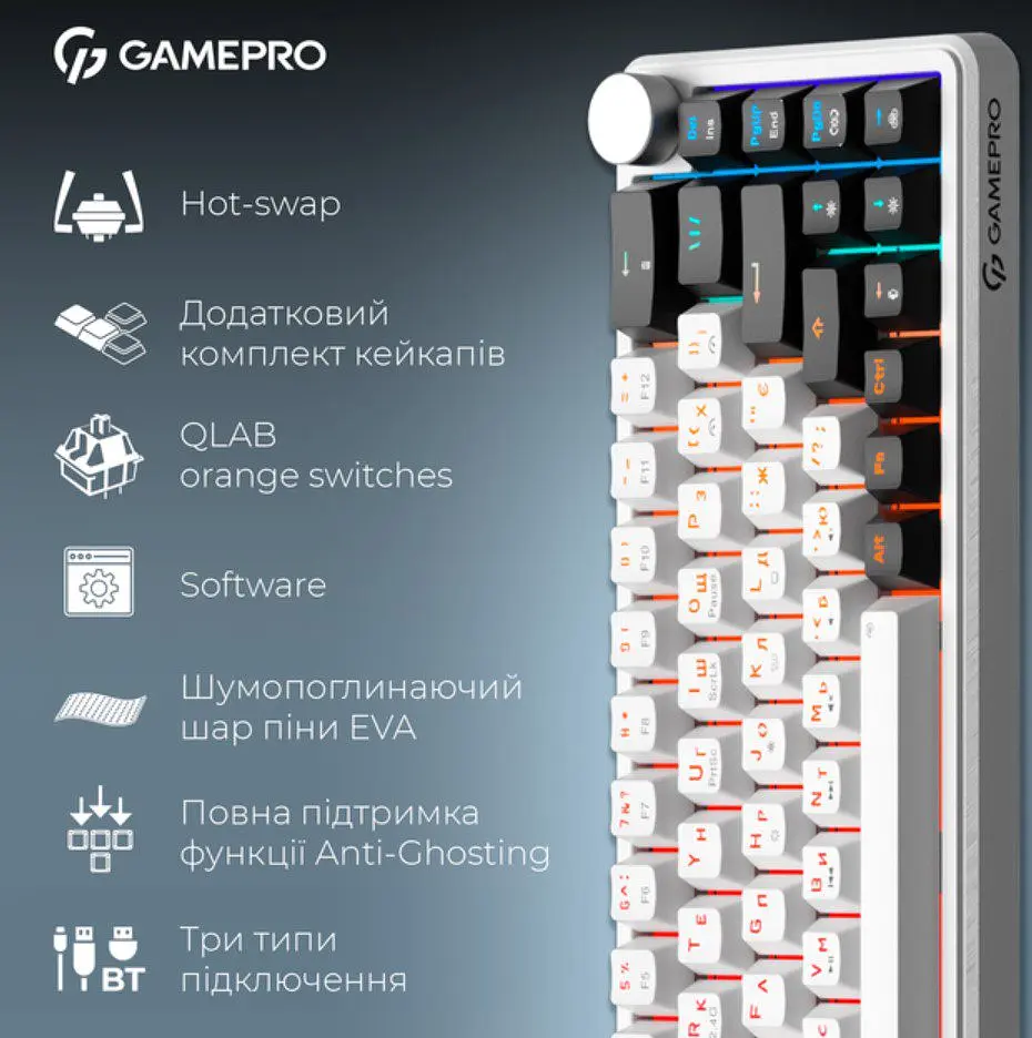 Клавіатура бездротова ігрова механічна GamePro MK-210-W Pro White-Black QLAB Orange Switches Hot-Swap - фото 2