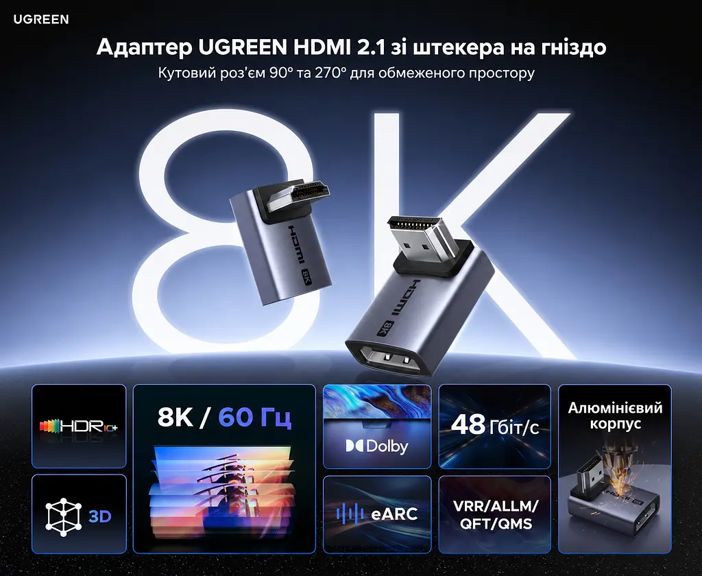 HDMI-перехідники UGREEN HD189 2.1 кутові 90°/270° 8K 60 Гц 2 шт. сірі (85632) - фото 5