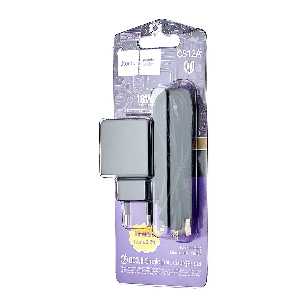 Сетевое зарядное устройство Hoco CS12A Ocean single port QC3.0 charger set (Micro) (EU) Черный - фото 2