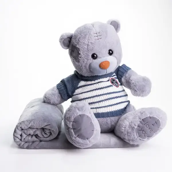 Мягкая игрушка с пледом 110х140 см Мишка Тедди в полосатом свитере серый детский плюшевый плед игрушка подушка детская ТМ COLORFUL HOME 509-35GBL - фото 3