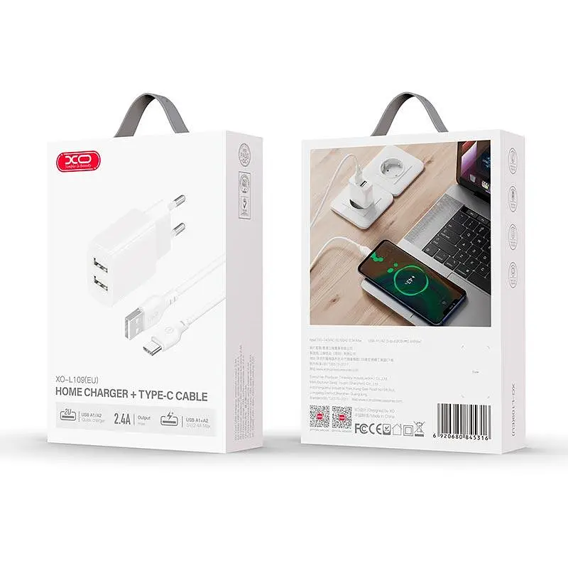 Адаптер мережний XO Type-C Cable Dual USB Charger L109 |2USB, 2.4A| - фото 3