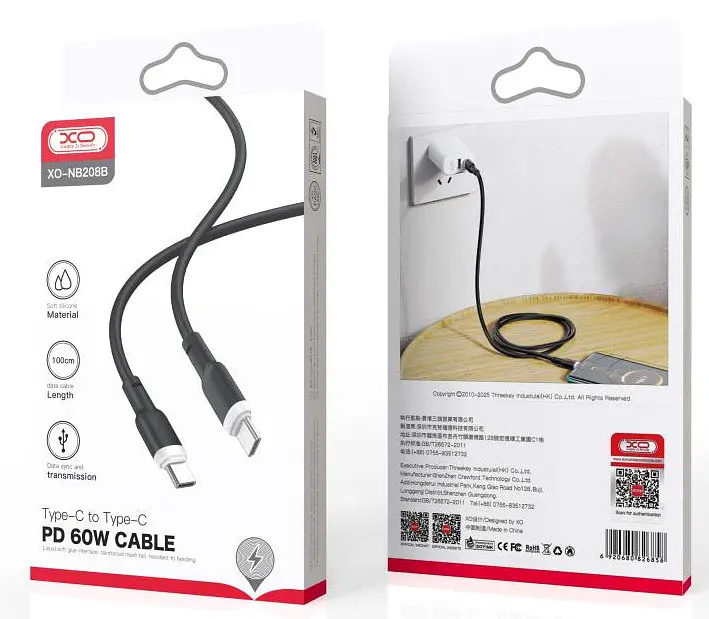 USB Кабель XO NB208B Type-C-Type-C Liquid Silicone 60W 5A 1.0m Чорний - фото 2