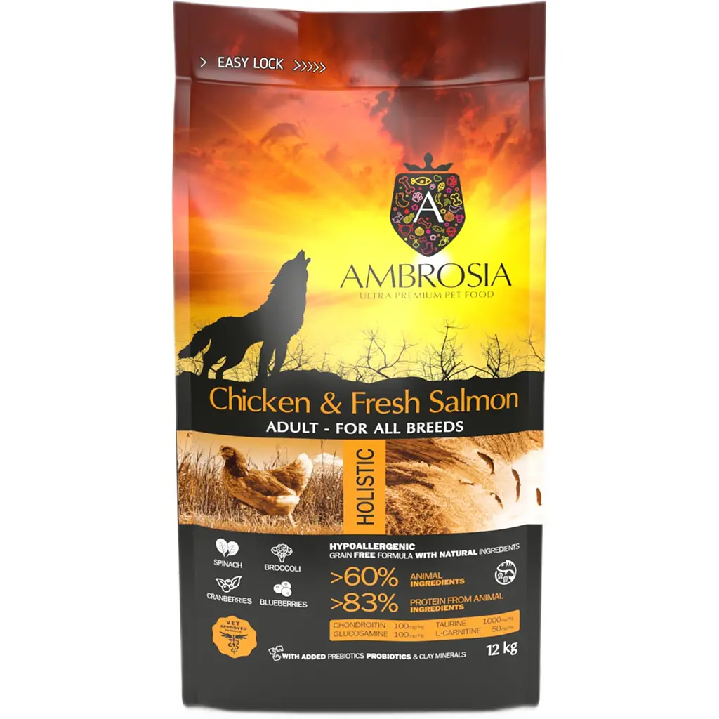 Уцінка. Корм сухий Ambrosia Grain Free Dog Adult Chicken & Fresh Salmon для дорослих собак усіх порід з куркою та свіжим лососем 12 кг 09.10.26